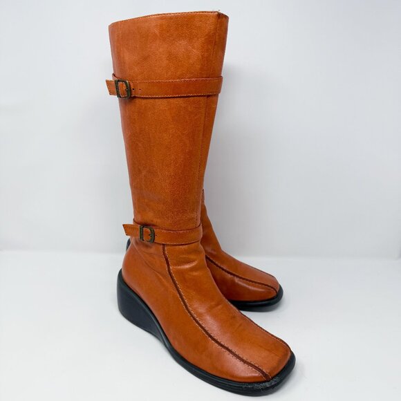 Vintage Y2K Miz Mooz Orange Leather Knee High Boots Sz EU 37 Side Zip Wedge Heel - Picture 1 of 11